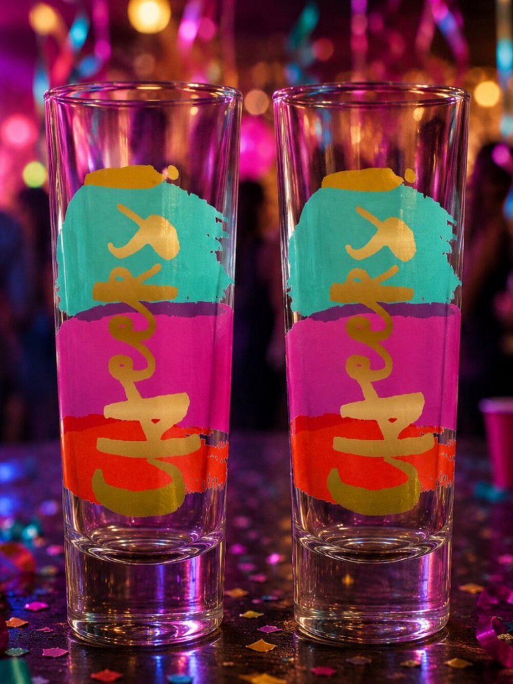 Cheers - Set of 2 Colorful Celebration Shot Glasses with Gold Lettering